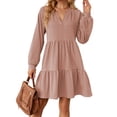 thumbnail image 1 of Akiihool Plus Size Dress Women Winter Long Sleeve Dresses Crew Neck Slim Fit High Waist Belt Swing Ruffle Hem Aline Winter Long Dress (Pink,S), 1 of 5