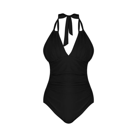 Akiihool Plus Size Swimsuit Women's One Piece Swimsuit V Neck Tummy Control Cross Back Vintage Swimwear Bathing Suits (Black,L)