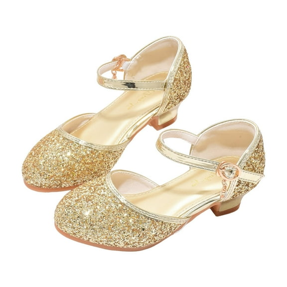 Akiihool Princess Dress Up Heels for Girls Girl's Dress Shoes Mary Jane Wedding Party Princess Shoes for Toddler/Little/Big Kids (Gold,12)