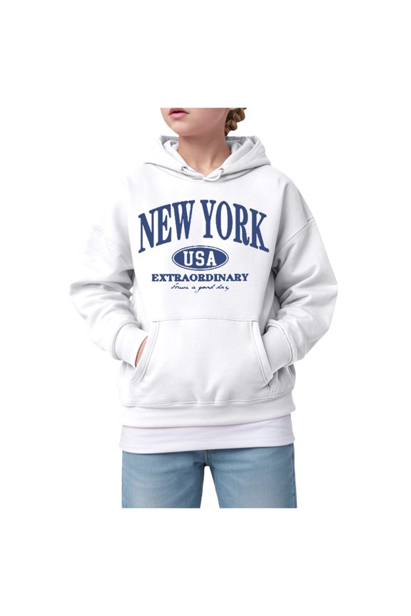 Printed Hoodie for Girls Toddler Baby Boy Girl Fleece Pullover Sweatshirt Solid Color Crewneck Blouse Shirt Tops Warm Fall Winter Clothes (White,13-14 Years)