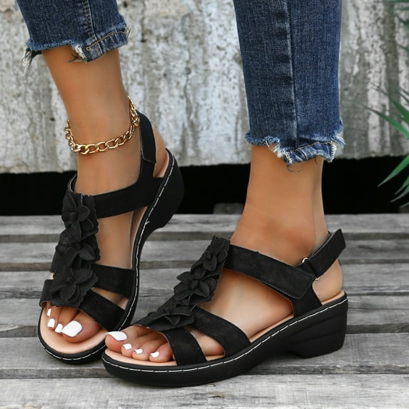 Akiihool Sandals Women Women's Casual Dresssy Low Wedge Summer Shoes Cute Strappy Rhinestone Open Toe Flat Sandals (Black,8)