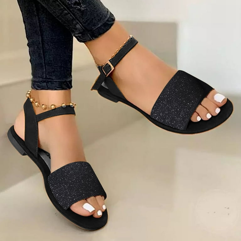 Akiihool Sandals Women Women's Elastic Ankle Strap Flat Sandals Summer  Dressy Shoes Cute Strappy Gladiator Sandals (Black,9.5) 