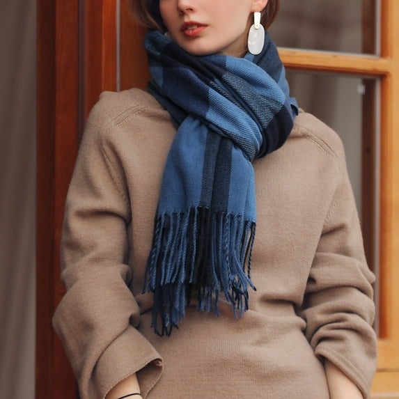 Akiihool Scarfs for Women Women's Plaid Blanket Winter Scarf Scarf for Men Women Keep Warm Soft Knit Scarves (Blue,One Size)