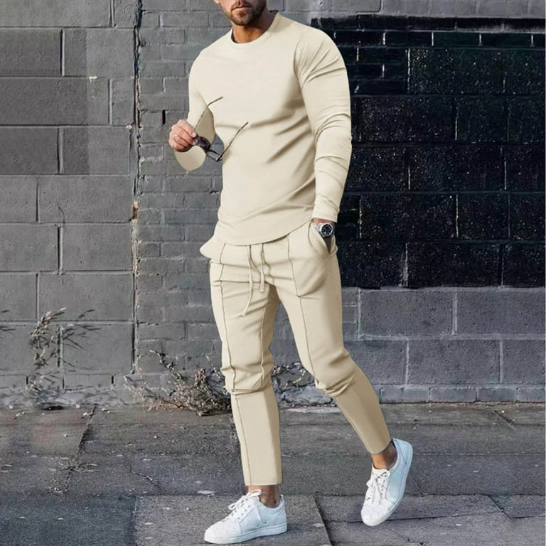Akiihool Set for Men Casual Winter Men's Set Long Sleeve Casual Holiday  T-Shirts Sweatsuits Outfits (Beige,L)