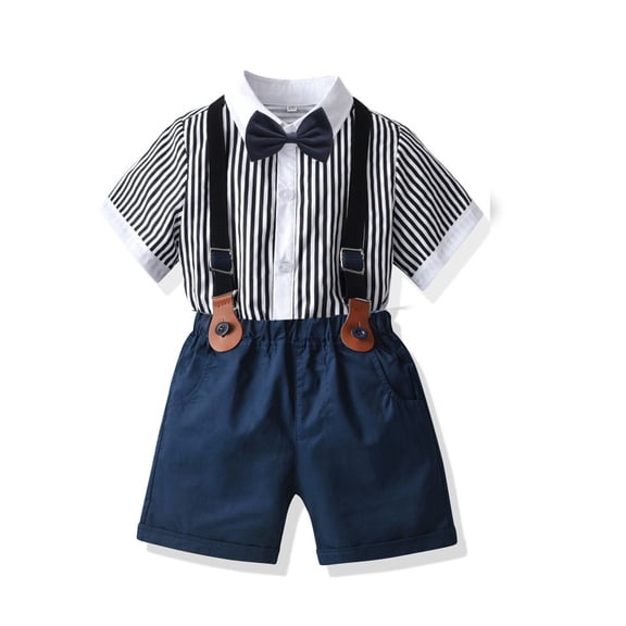 Akiihool Shirts Set for Boys Button Up Short Sleeve Shirts Solid Color Summer Clothes Set with Bowtie, Navy 140