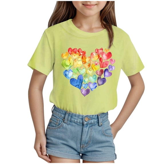 Akiihool Shirts for Girls Girls Valentine T-Shirts Tops Short Sleeve Shirts Little Kids Love Heart Graphic Tees(Light Yellow,13-14 Years)