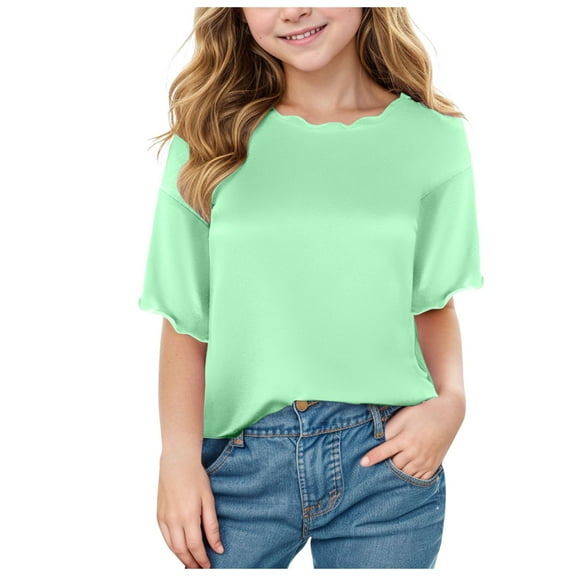 Akiihool Shirts for Teens Girls' Summer T Shirts Crewneck Short Sleeve Cute Casual Tops (Light Green,5-6 Years)