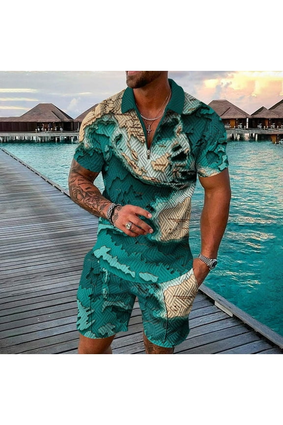 Short Outfits Mens Short Sleeve Casual Polo Shirt and Shorts Sets Two Piece Summer Outfits Polo Tracksuit Set for Men (Green,3XL)