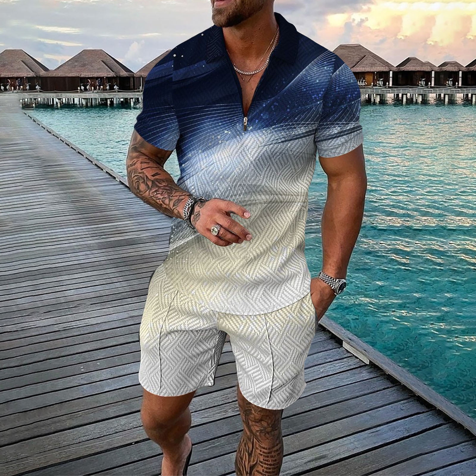 登場! Short Mens Akiihool Outfit Casual Set Waffle Piece 2 Men Clothing