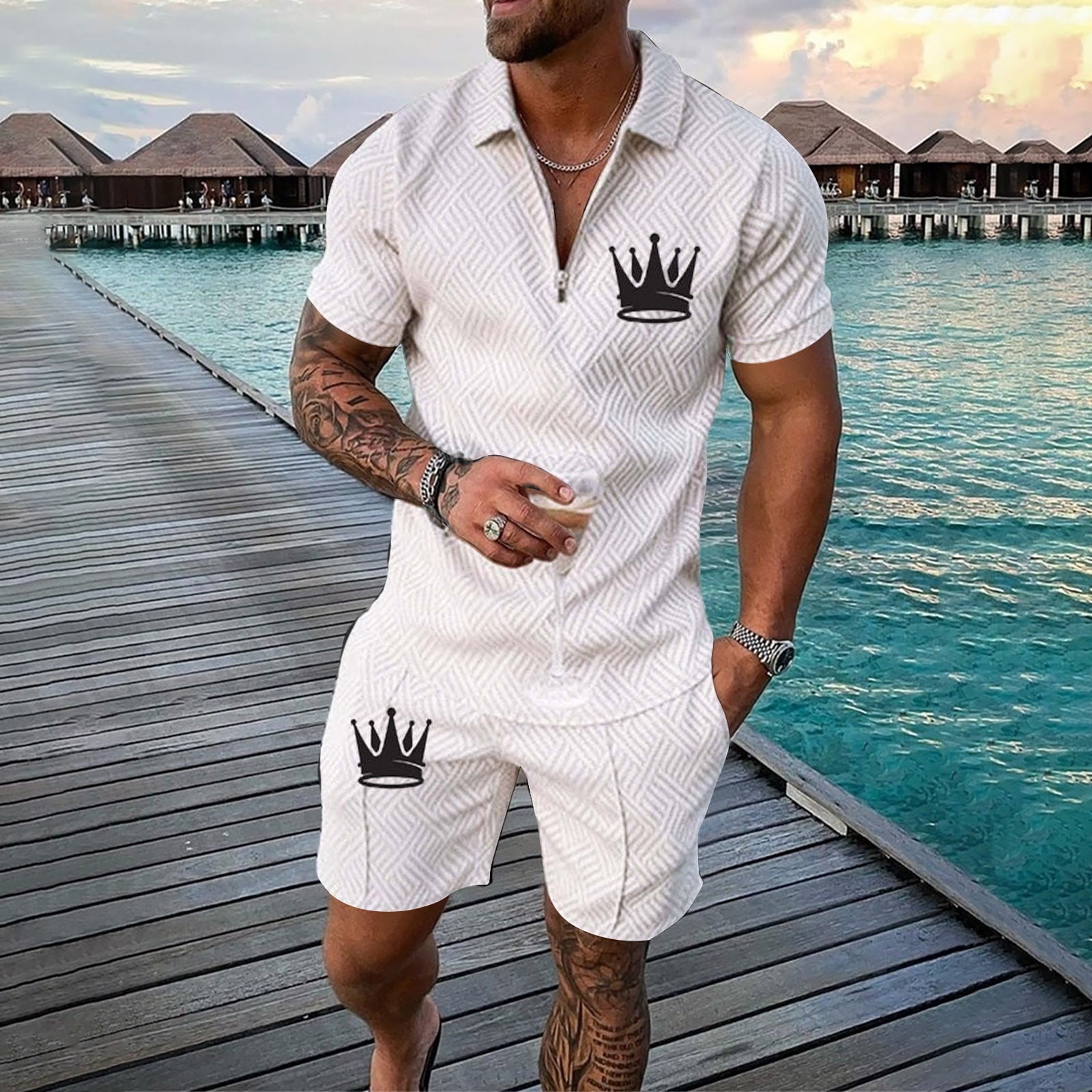 Akiihool Short Set Men's Shirt and Short Sets Casual Two Piece Outfits  Summer Outfits (White,L) - Walmart.com