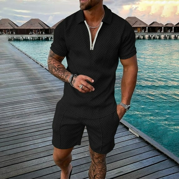 Akiihool Short Sets Men 2 Piece Outfits Men's Flower Shirt Hawaiian Sets Casual Button Down Short Sleeve Shirt and Solid Beach Shorts (Black,3XL)