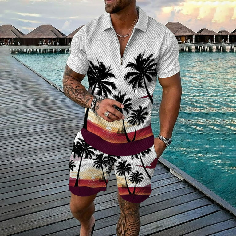 Summer Men Outfit Lapel Neck Short Sleeve T-Shirt+Shorts 2-Piece Set  Sweatsuit