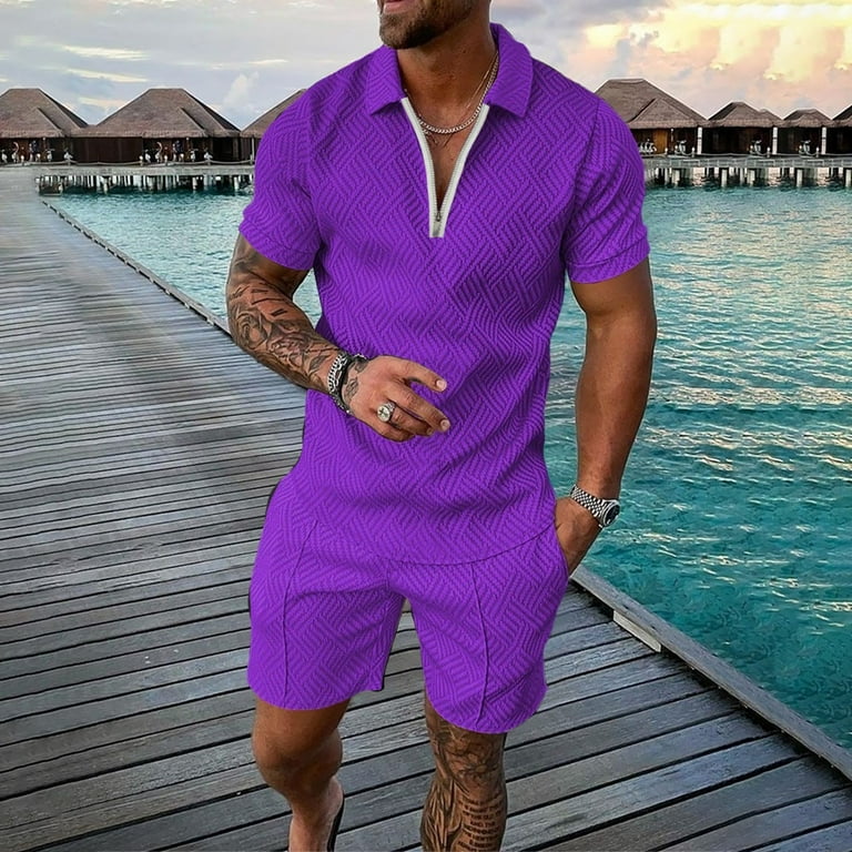 Akiihool Short Sets Men s Short Sleeve Polo Shirt Shorts set Summer Two Piece Outfits Pockets Tracksuit Casual Sports Purple M