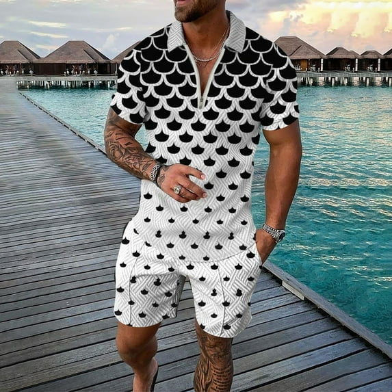Akiihool Short Sets Mens Shirts and Shorts Set 2 Pieces Outfit Beach Suit Quick Dry for Retro Summer Party (Clear,XXL)