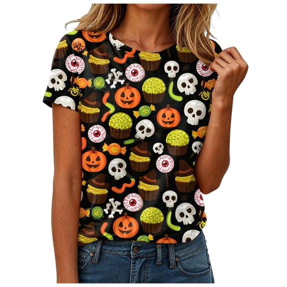 Akiihool Short Sleeve Tshirts Shirts for Women Plus Size Halloween Shirts for Women Pumpkin Graphic Tshirt Oversized Fall Casual Tee Tops (Black,4XL)