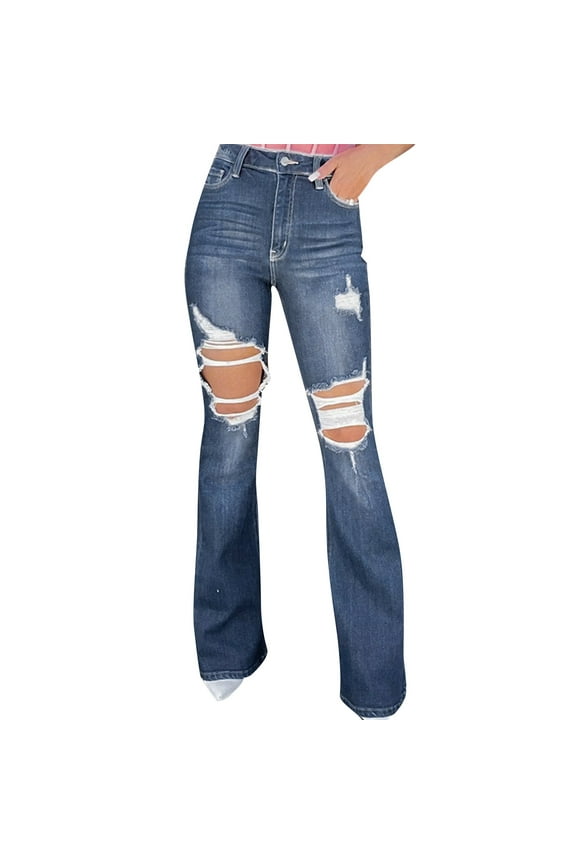 Stretchy Jeans for Women Frayed Raw Hem Regular Fit Flared Distressed Denim Pants with Holes, Blue Size L