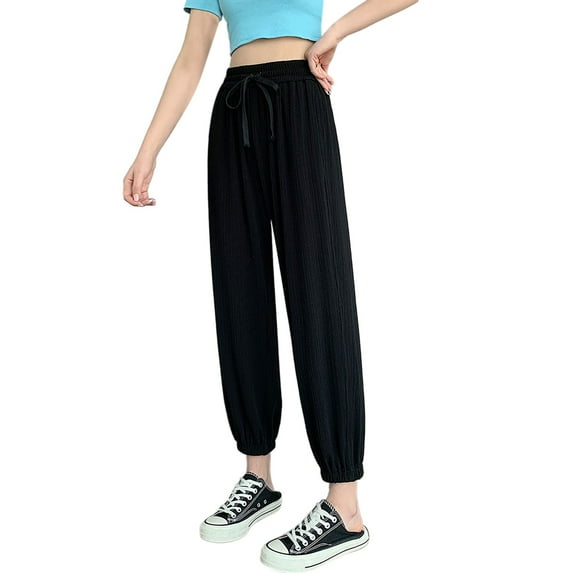 Akiihool Summer Pants for Women Drawstring Mid Waisted Sport Running Casual Sweatpants with Pockets, Black Size XXXL