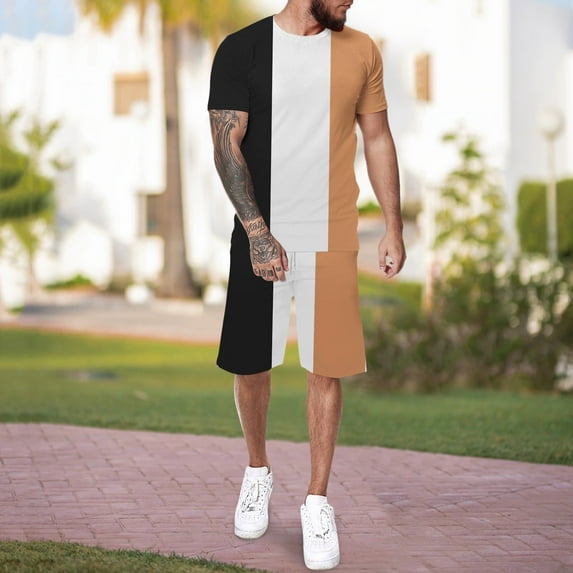 Akiihool Summer Sets Men 2 Piece Men's Outfits Graphic Print Short Sleeve and Shorts Set (Khaki,XXL)