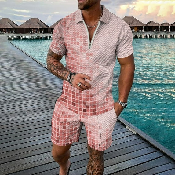 Akiihool Summer Sets Men 2 Piece Mens 2 Piece Zip Tracksuit Polo Shirt and Shorts Sets Short Sleeve Summer Casual Outfit (Pink,S)