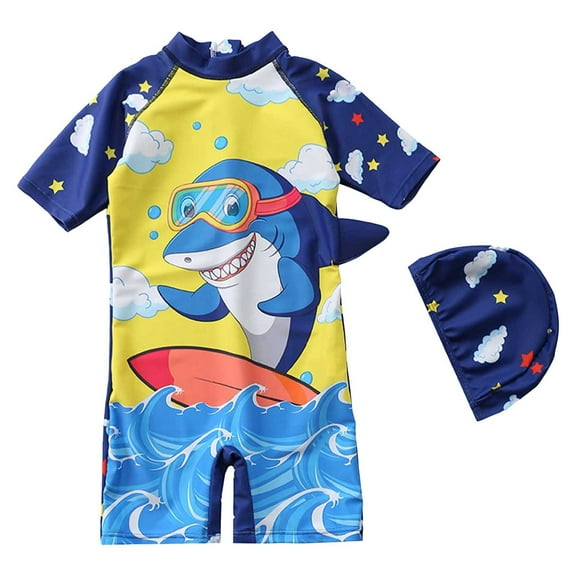 Akiihool Swimsuit for Boy Toddler Boys Swimsuit Set Two Piece Bathing Suit Boys' Swimwear and Swimming Caps Set (Blue,5-6 Years)