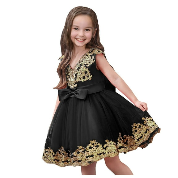 Akiihool Toddler Baby Girl Gown Flower Embroidery Tutu Dress Wedding Special Occasion Tulle Dress(Black,3-4 Years)