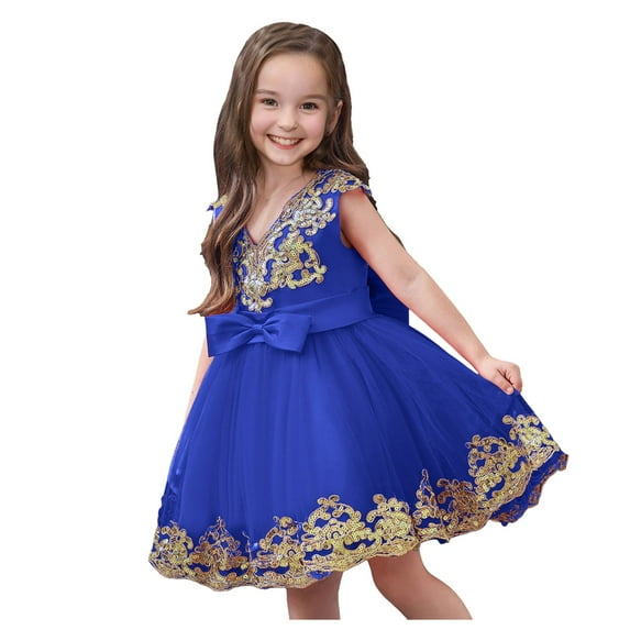 Akiihool Toddler Baby Girl Gown Flower Embroidery Tutu Dress Wedding Special Occasion Tulle Dress(Blue,3-4 Years)