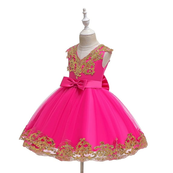 Akiihool Toddler Baby Girl Gown Flower Embroidery Tutu Dress Wedding Special Occasion Tulle Dress(Hot Pink,6-7 Years)