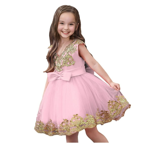 Akiihool Toddler Baby Girl Gown Flower Embroidery Tutu Dress Wedding Special Occasion Tulle Dress(Pink,6-7 Years)