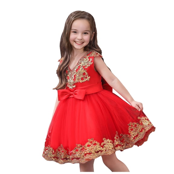 Akiihool Toddler Baby Girl Gown Flower Embroidery Tutu Dress Wedding Special Occasion Tulle Dress(Red,6-12 Months)
