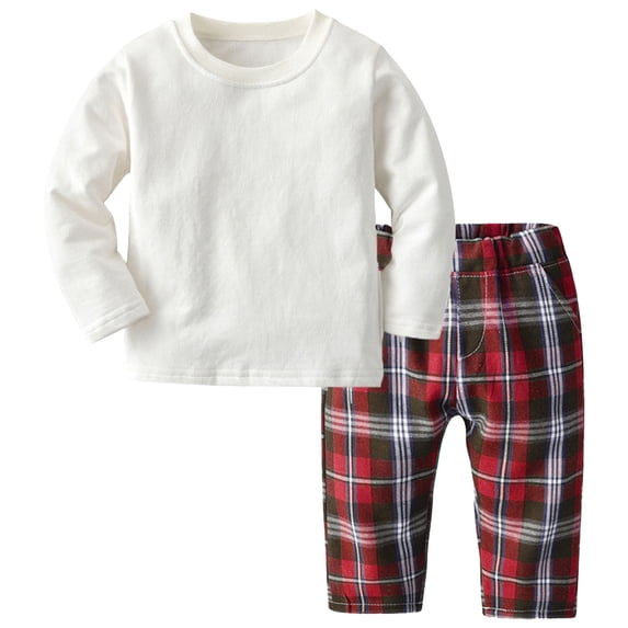Akiihool Toddler Boy Two Piece Set Baby Boy Clothes Flannel Plaid Outfits Long Sleeve Hoodie Romper Fall Winter 2 Pcs Clothes for Boy Red,18-24 Months