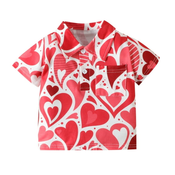 Akiihool Toddler Boys Girls Valentine's Day Short Sleeve Heart Prints Kids Tops T Shirt With Pocket(Red,18-24 Months)
