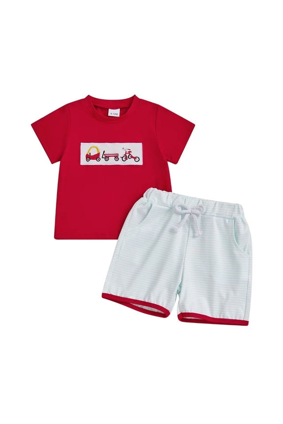 Toddler Boys Outfit Toddler Kids Boy Summer Clothes 6 12 18 24 Months 2T 3T 4T Short Sleeves Shirt Tops & Casual Shorts Outfit Set(Red,3-6 Months)