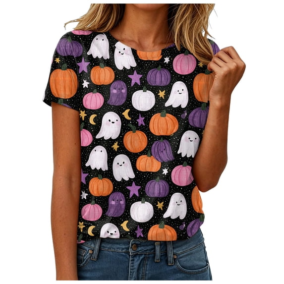 Akiihool Tshirt Women Halloween Shirts for Women Boo T Shirt Cute Ghost Graphic Tees Halloween Spooky Season Short Sleeve Tee Tops (Dark Purple,XL)