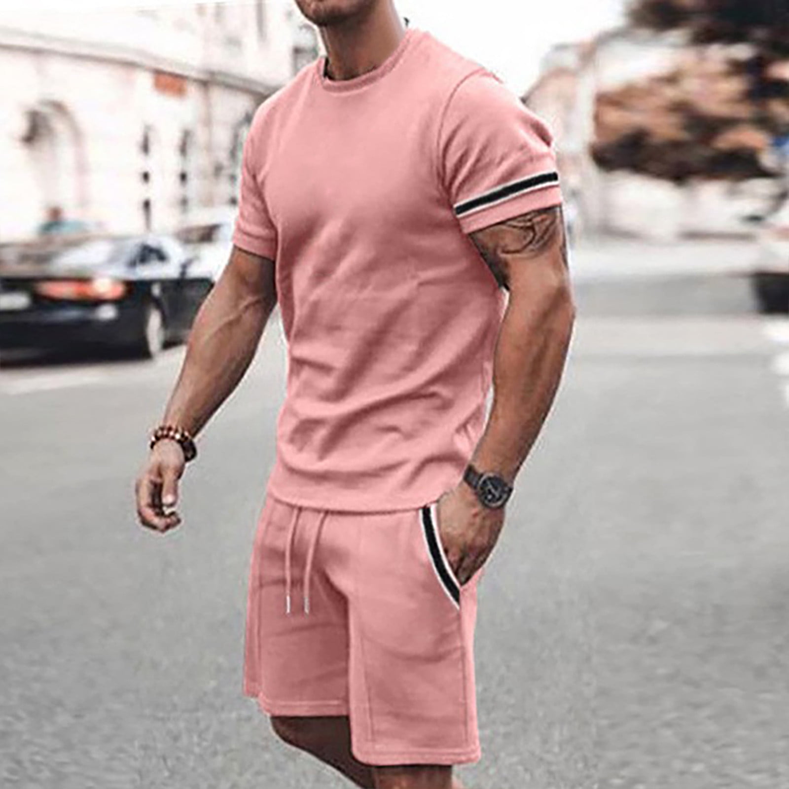 Akiihool Two Piece Short Outfits Mens Short Sets 2 Piece Outfits Casual  Shirt and Shorts Set (Pink,XXL) 
