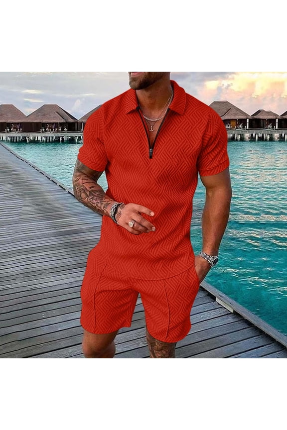 Two Piece Short Sets Men's Hawaiian Shirts and Shorts Set 2 Pieces Button Down Short Sleeve Beach Vacation Outfits (Red,XXL)