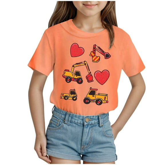Akiihool Valentines Shirt Girls Girls Valentine's Day Crop Tops Heart Cute Cartoon Print Shirt Short Sleeve Heart Tshirts for Girl(Gold,3-4 Years)