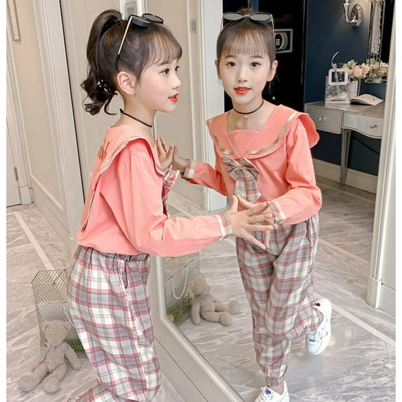Akiihool Winter Sweatsuit Sets Girl 2 Piece Outfits Girl's Two Piece Outfits Summer Tops Long Sleeve Clothing Ruffle Top Ripped Pant Sets (Pink,5-6 Years)