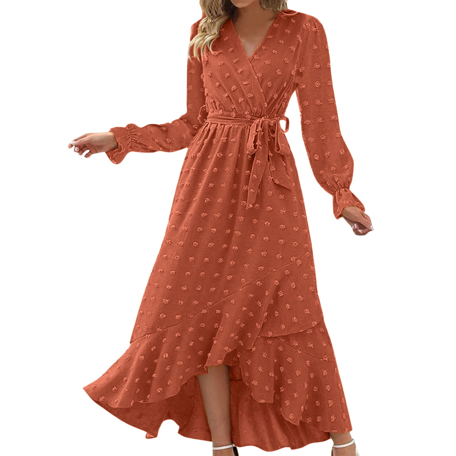 Akiihool Women Fall Dresses 2024 Long Sleeve V Neck Dots Maxi Dress
