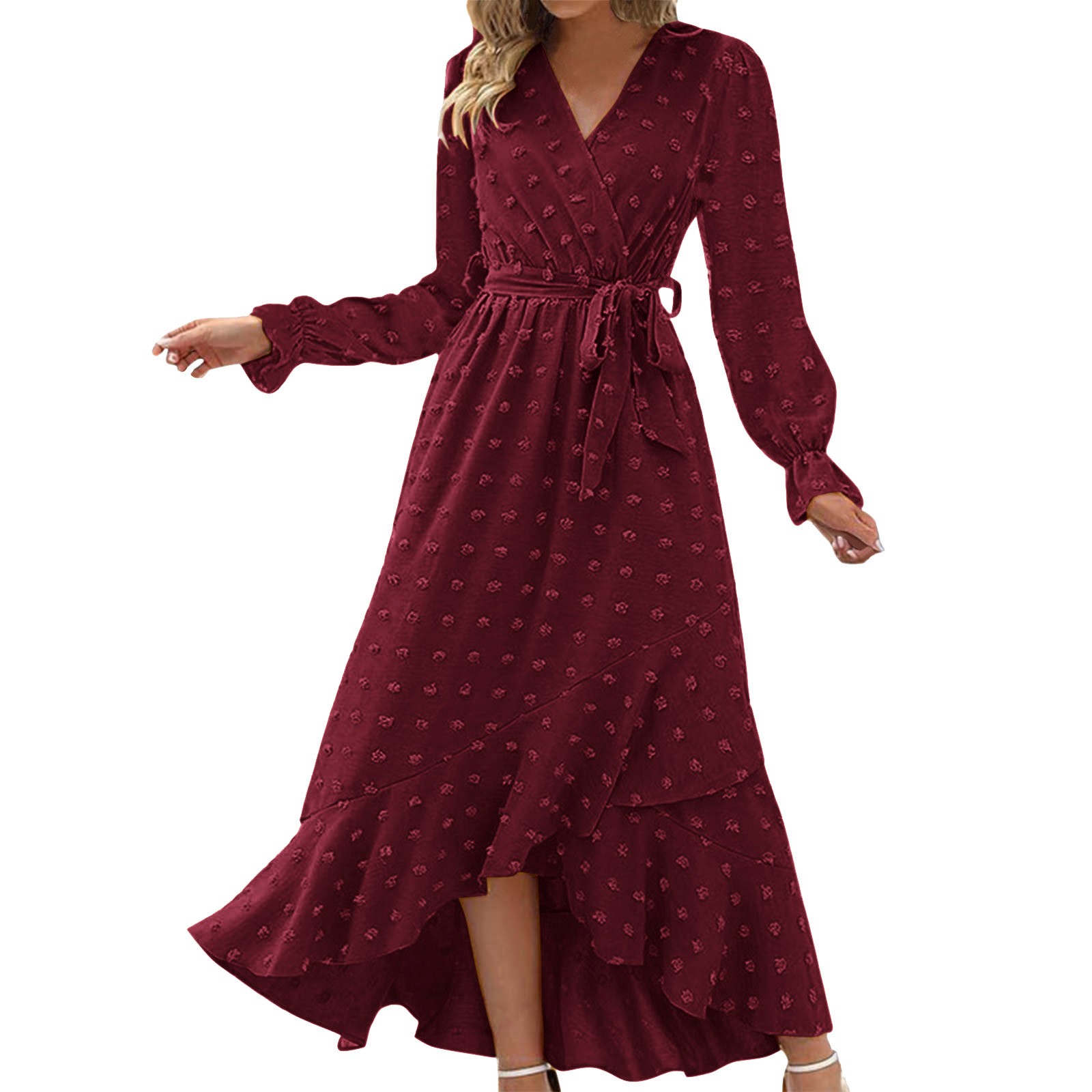 Akiihool Women Fall Dresses 2024 Long Sleeve V Neck Dots Maxi Dress