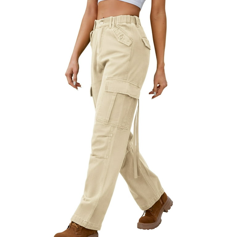 Akiihool Women s Jeans Loose Fit Pants Cargo High Waisted Loose Fit Straight Leg Jeans Stretchy Denim Pants with Pockets Khaki Size M Walmart