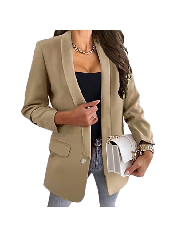 Womens Blazers Lightweight Stretch Ponte Jacket Womens Casual Blazer Jacket Gold Button Long Sleeve (Khaki,XXL)