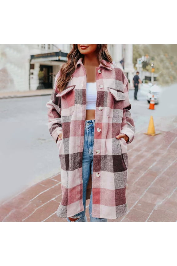 Womens Coats Womens Plaid Shacket Jacket Casual Lapel Button Down Wool Blend Fall Flannel Shirt Jacket (Pink,S)