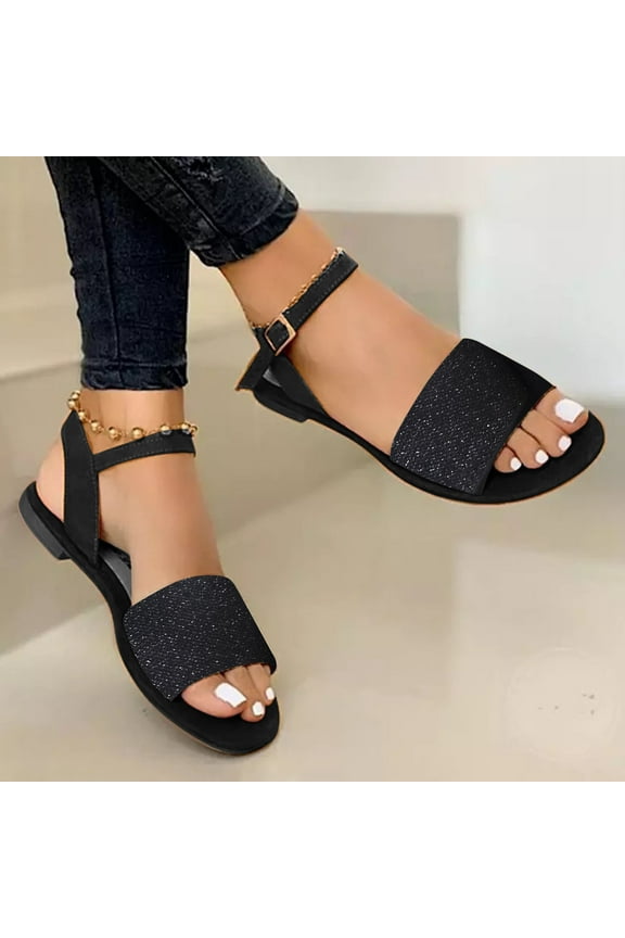 Womens Dress Sandals Women's Flat Sandals Open Toe Ankle Strap Comfort Shoes (Black,8.5)