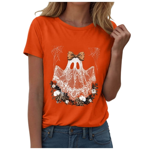 Akiihool Womens Ghost Women Fall Halloween Crew Neck Shirt Casual Tee Season Family Party Celebration Short Sleeve Tee Pumpkin Top Holiday Stretchable Soft Orange,S