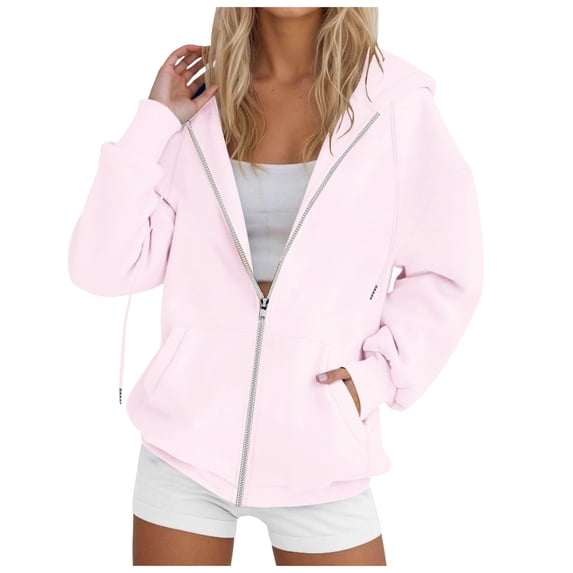 Akiihool Womens Oversized Zip Up Hoodie Womens Hoodies Casual Waffle Knit Long Sleeve Drawstring Pullover Sweatshirts Lightweight Hooded Tops Pink,XL