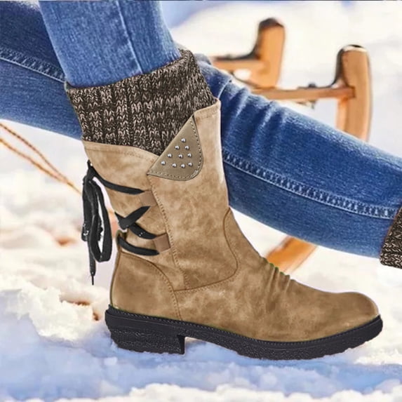 Akiihool Womens Snow Boots Fashion Womens Snow Boots Winter Shoes Mid-Calf Boots Warm Comfortable Outdoor Flat Shoes (Khaki,7)