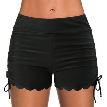 Akiihool Womens Swim Shorts Tummy Control Women's Swim Shorts High Waisted Swimsuit Bottoms Cross Waist Bathing Suit Swimwear Boy Shorts (Black,Small)