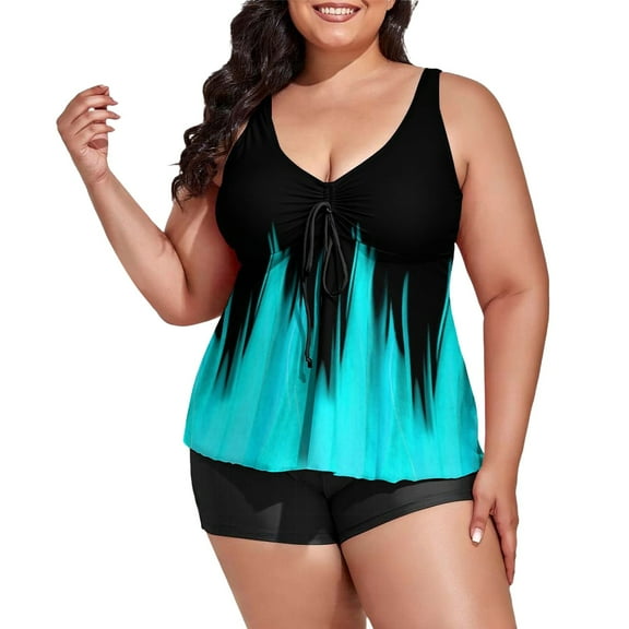 Akiihool Womens Swimsuits Plus Size Tankini Bathing Suit Stripe Print High Waisted Tummy Control 2 Piece Swimsuit (Blue,XL)