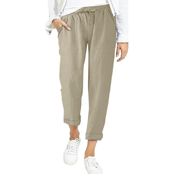 Akiihool Womens Work Pants Women's Long Pants High Waist Drawstring Loose Fit Casual Trousers with Pockets (Khaki,XL)