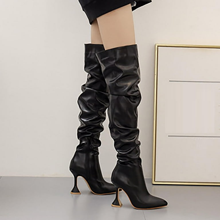 Akiihool Work Boots for Women Women High Block Heel Boot Pointed Toe Stretch Over The Knee Boots Black 8.5